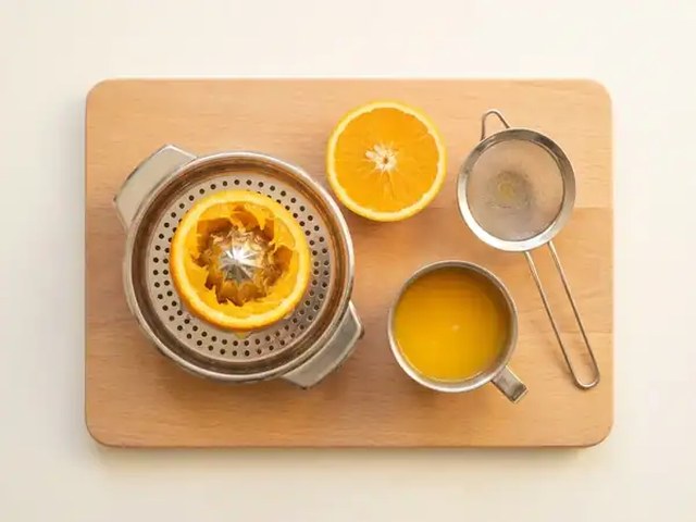 Orange auf der Zitruspresse mit Sieb und Becher