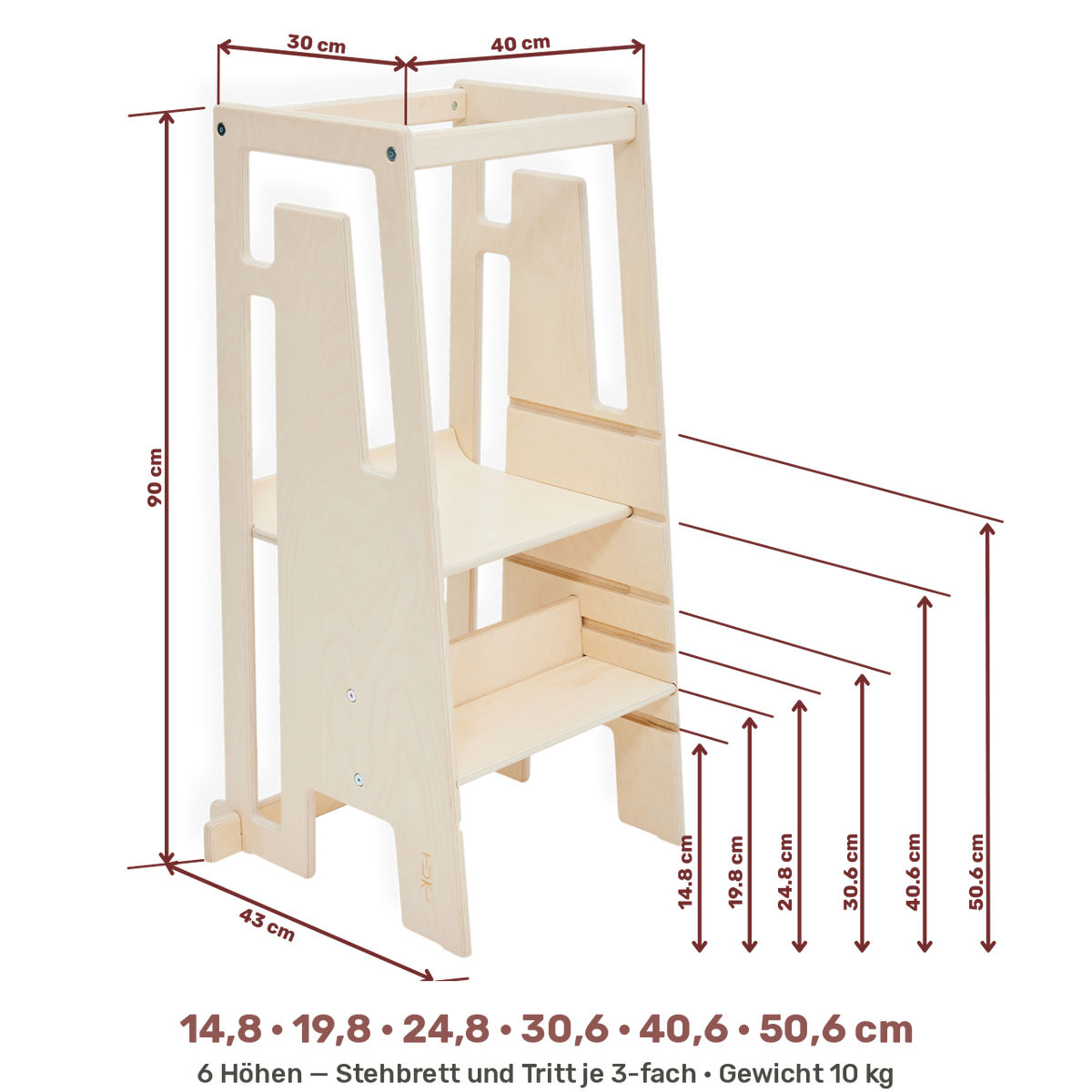 Tuki Lernturm Masse: 90 cm hoch, 50 cm breit, 43 cm tief, sechs Hoehenpositionen von 14,8 bis 50,6 cm