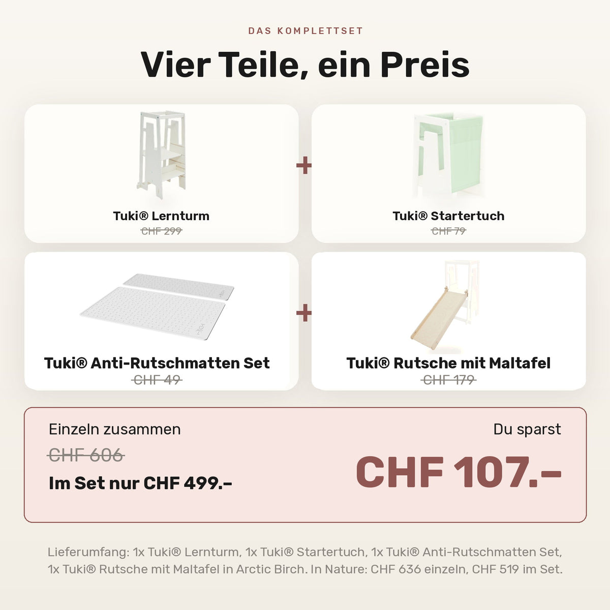 Tuki Komplettset Lieferumfang: Lernturm 299, Startertuch 79, Anti-Rutschmatten 49 und Rutsche mit Maltafel 179, im Set 499, du sparst 107
