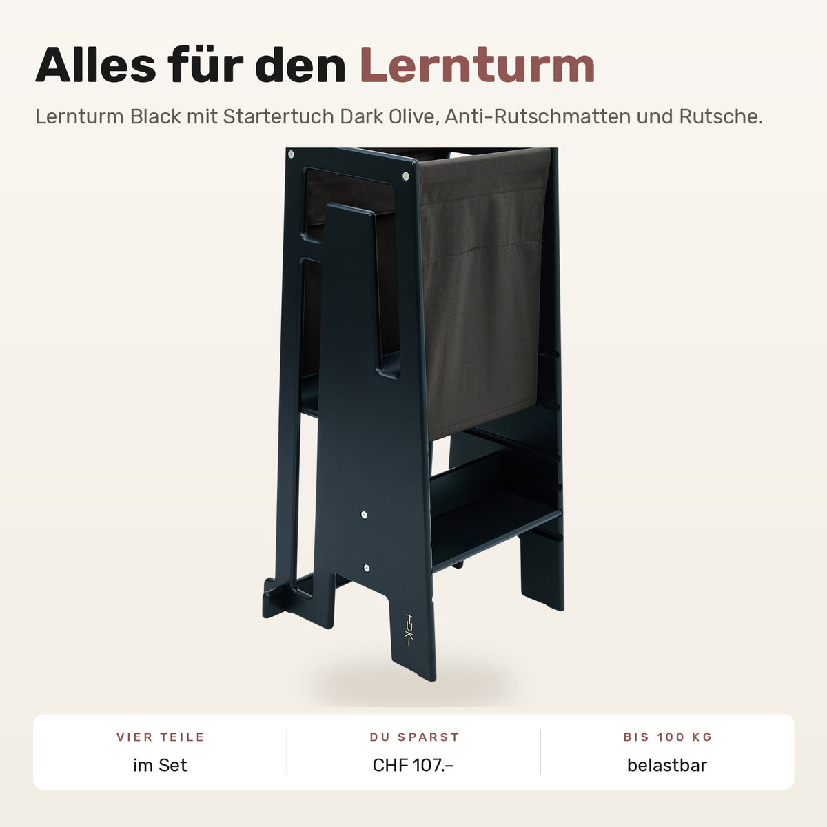 Tuki Komplettset: Lernturm Black mit Startertuch Dark Olive, Anti-Rutschmatten und Rutsche