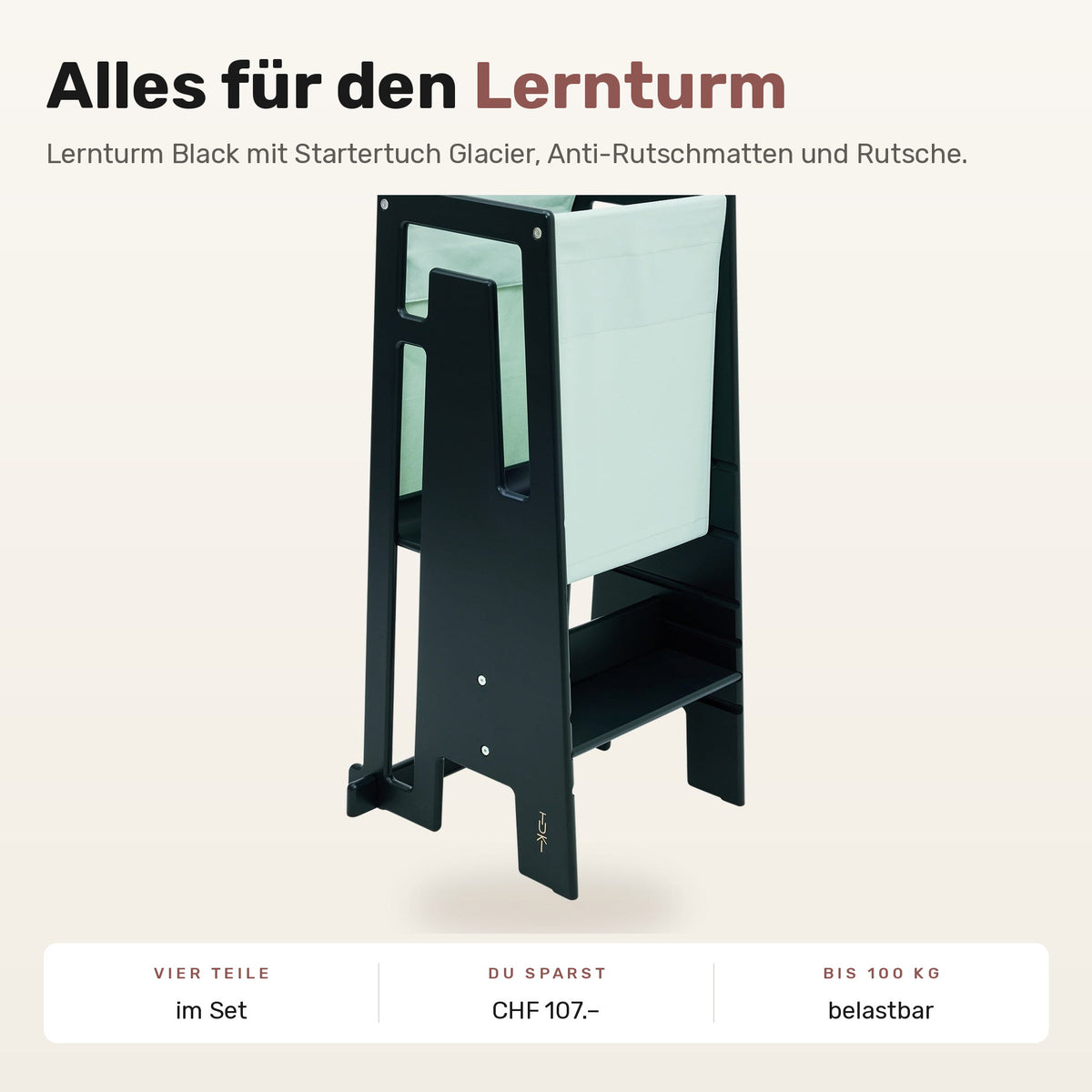 Tuki Komplettset: Lernturm Black mit Startertuch Glacier, Anti-Rutschmatten und Rutsche