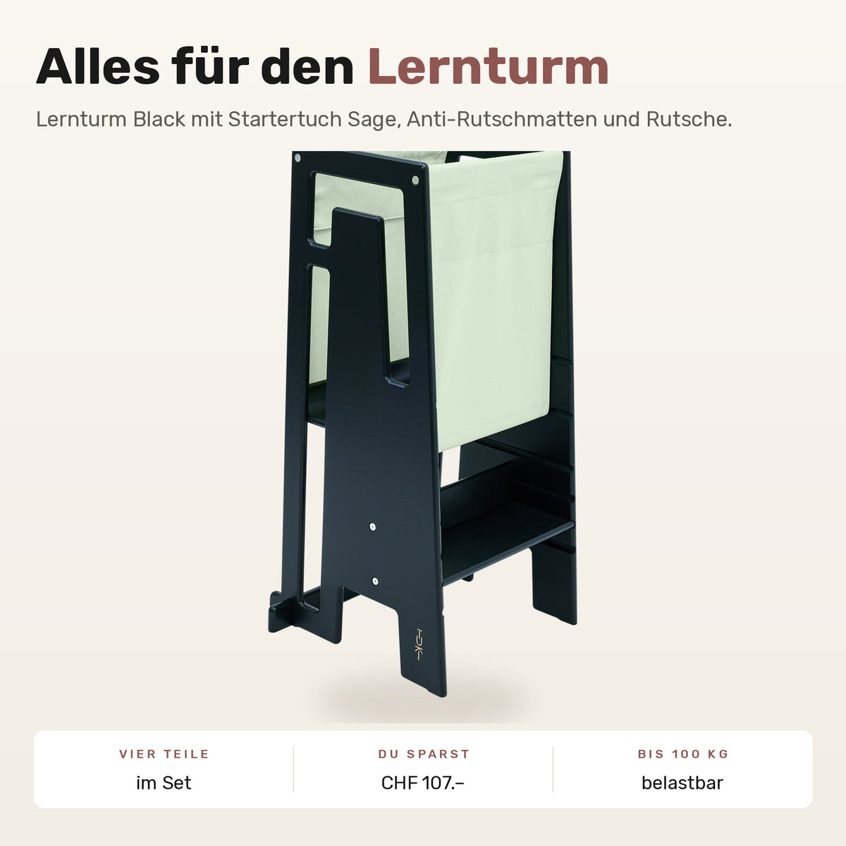 Tuki Komplettset: Lernturm Black mit Startertuch Sage, Anti-Rutschmatten und Rutsche