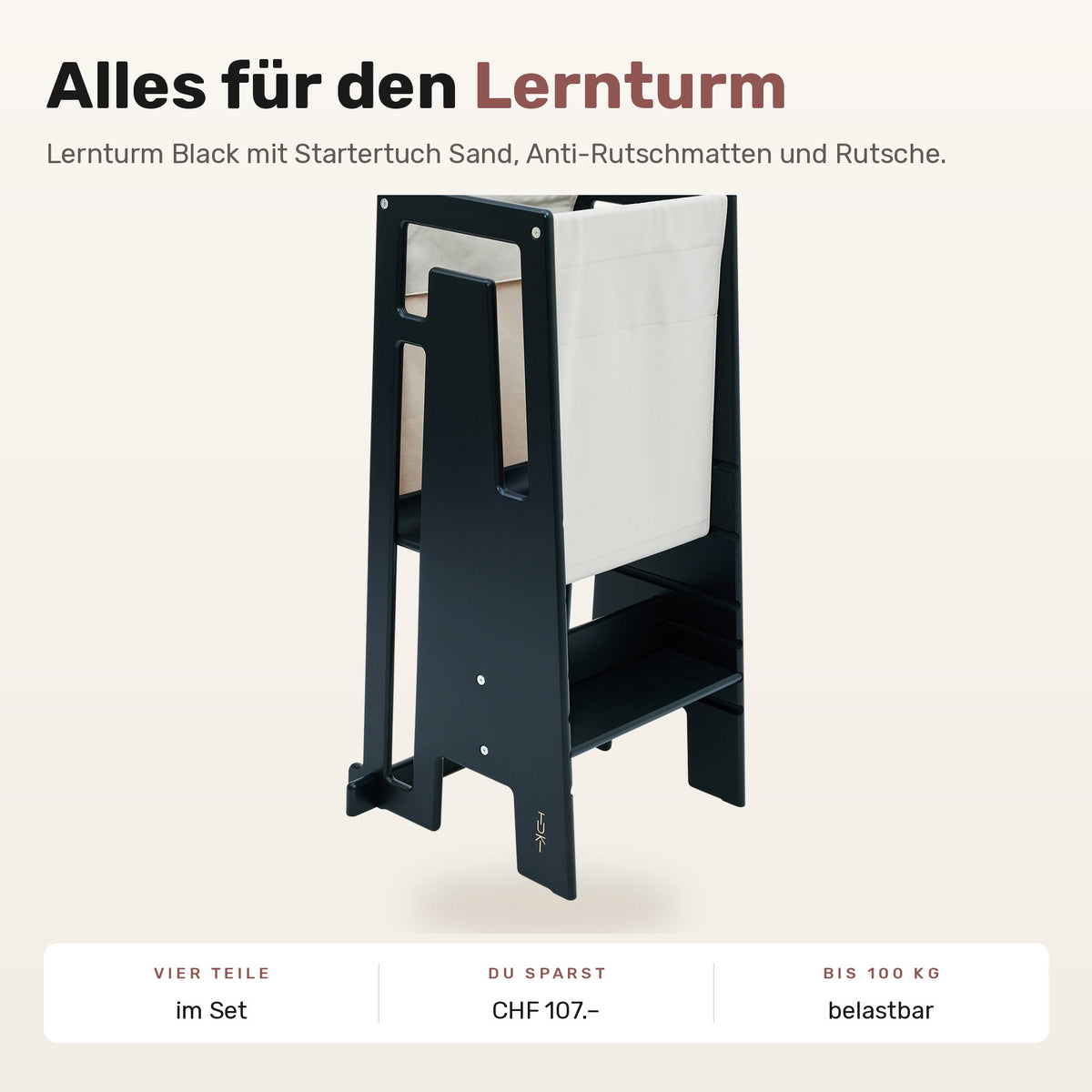 Tuki Komplettset: Lernturm Black mit Startertuch Sand, Anti-Rutschmatten und Rutsche