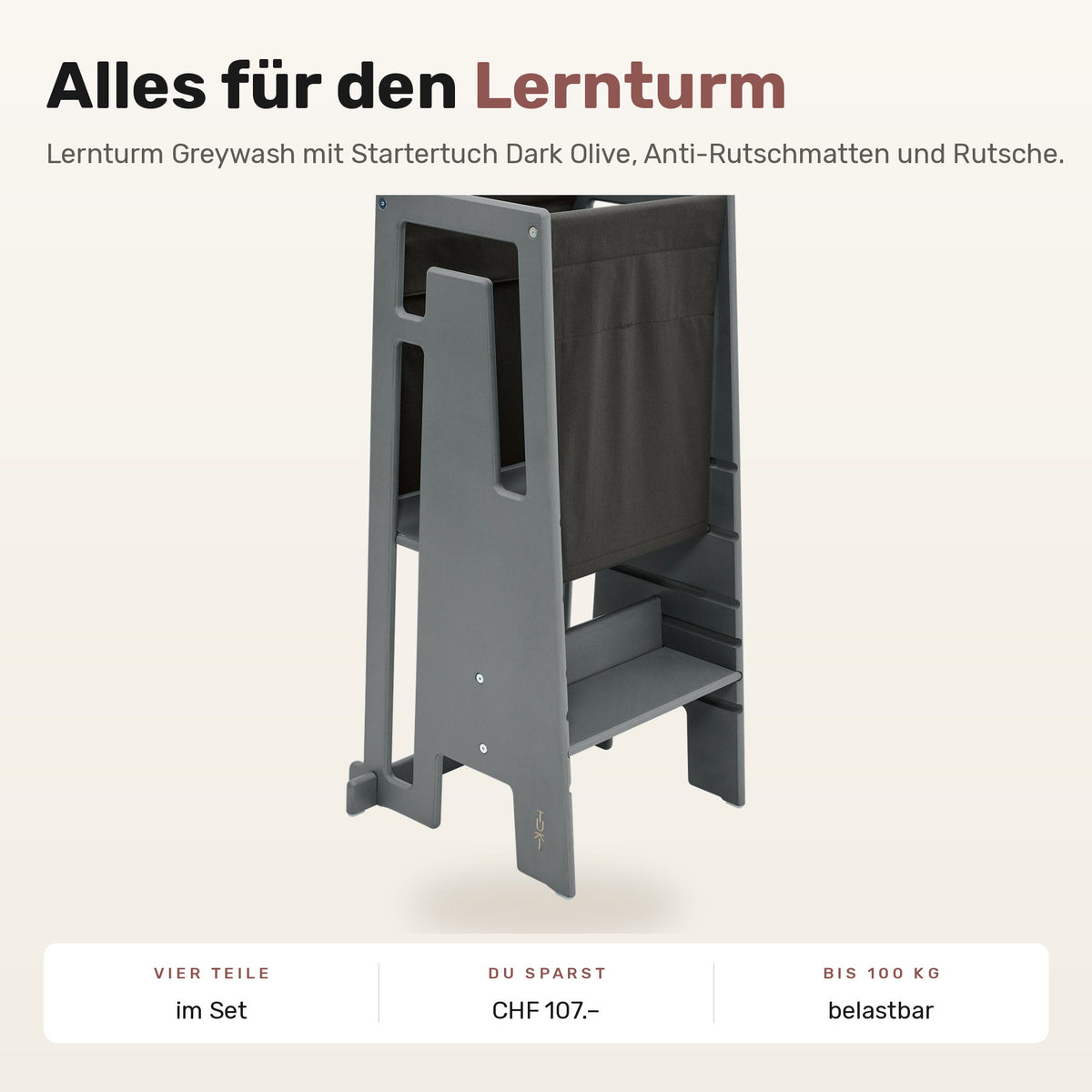 Tuki Komplettset: Lernturm Greywash mit Startertuch Dark Olive, Anti-Rutschmatten und Rutsche