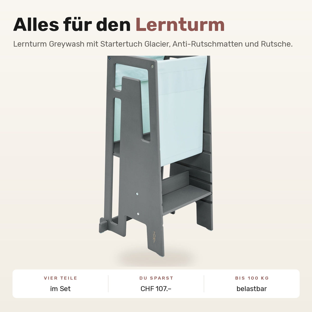 Tuki Komplettset: Lernturm Greywash mit Startertuch Glacier, Anti-Rutschmatten und Rutsche