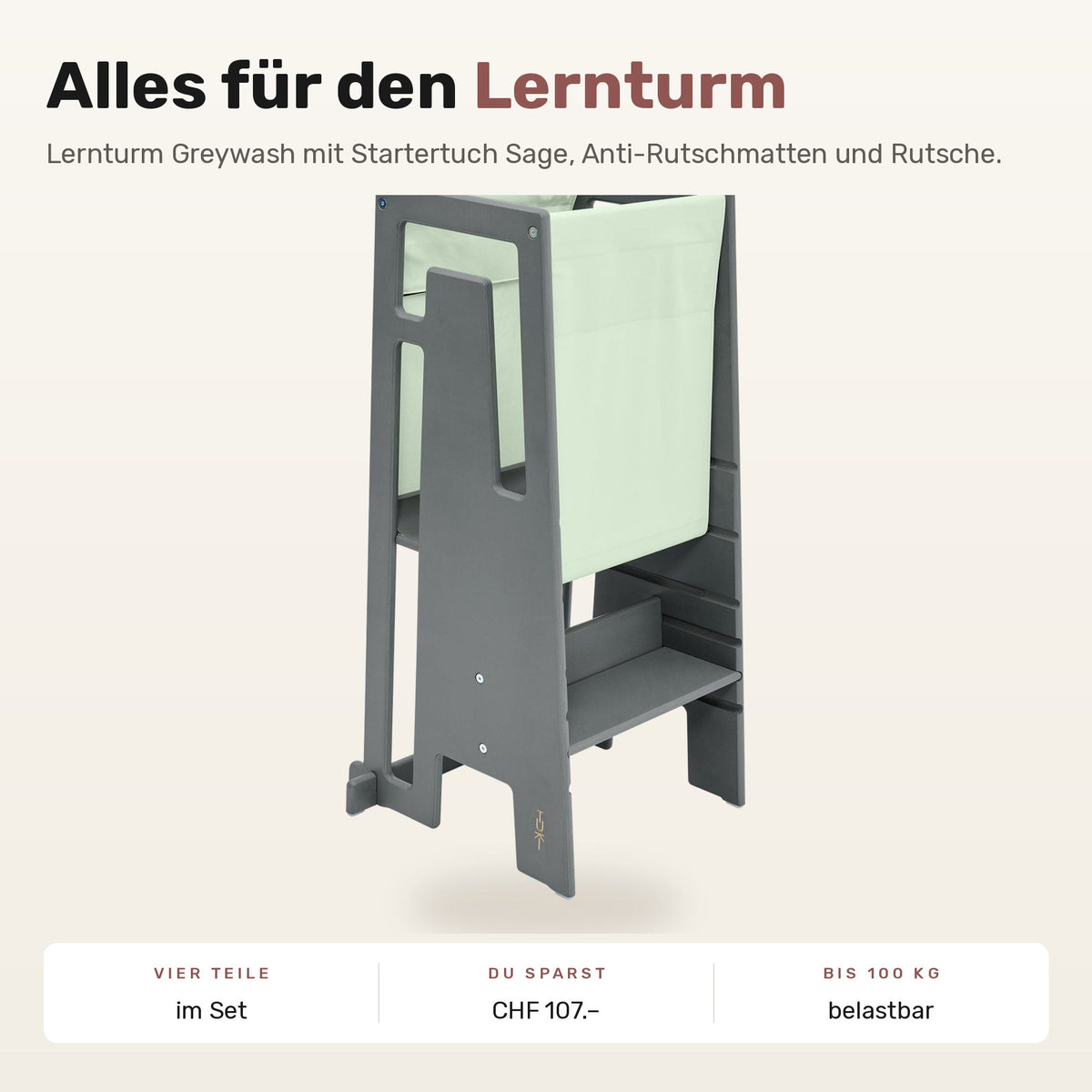 Tuki Komplettset: Lernturm Greywash mit Startertuch Sage, Anti-Rutschmatten und Rutsche
