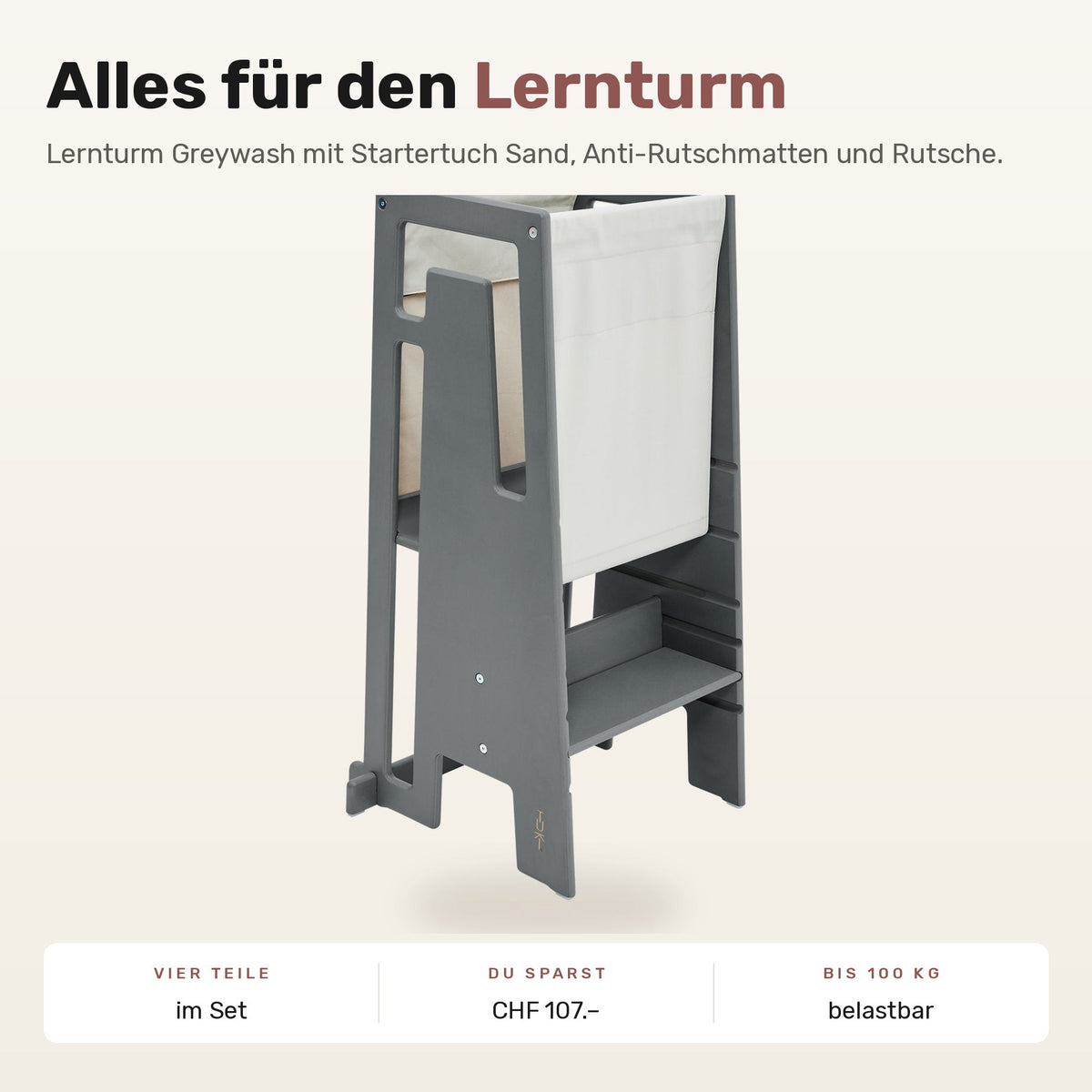 Tuki Komplettset: Lernturm Greywash mit Startertuch Sand, Anti-Rutschmatten und Rutsche