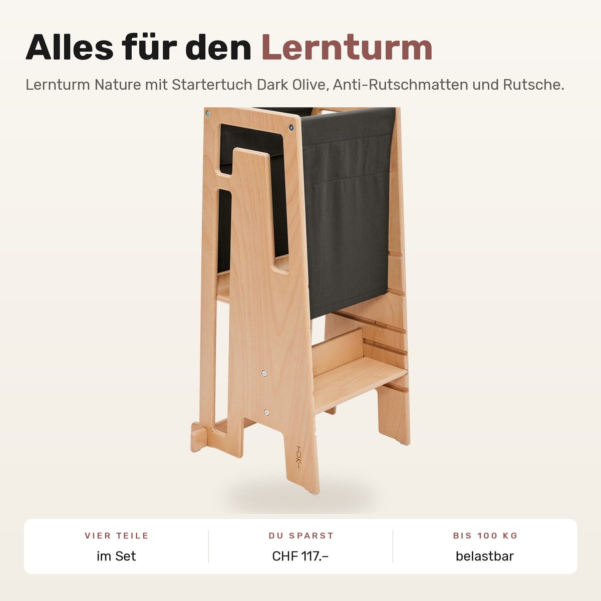 Tuki Komplettset: Lernturm Nature mit Startertuch Dark Olive, Anti-Rutschmatten und Rutsche