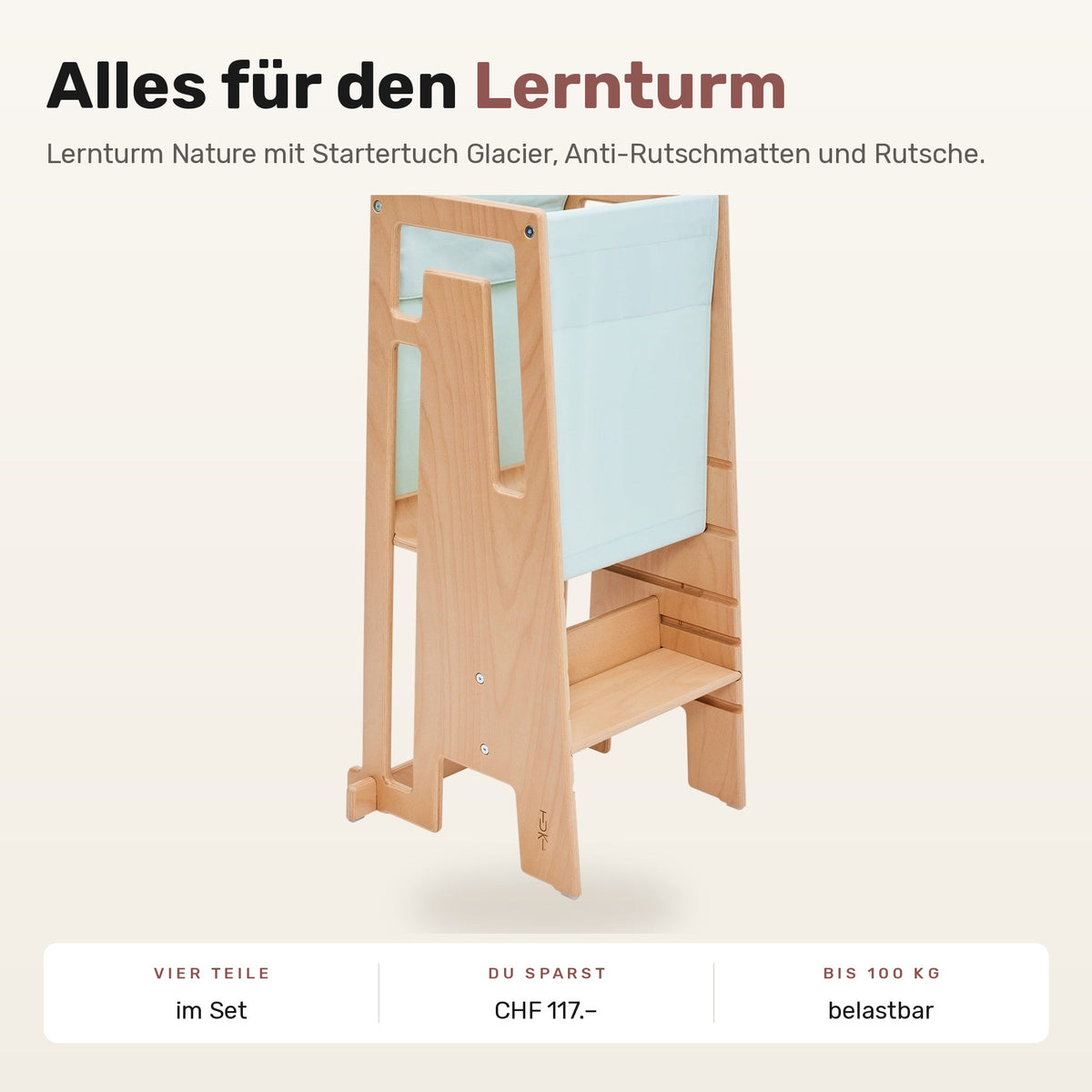 Tuki Komplettset: Lernturm Nature mit Startertuch Glacier, Anti-Rutschmatten und Rutsche