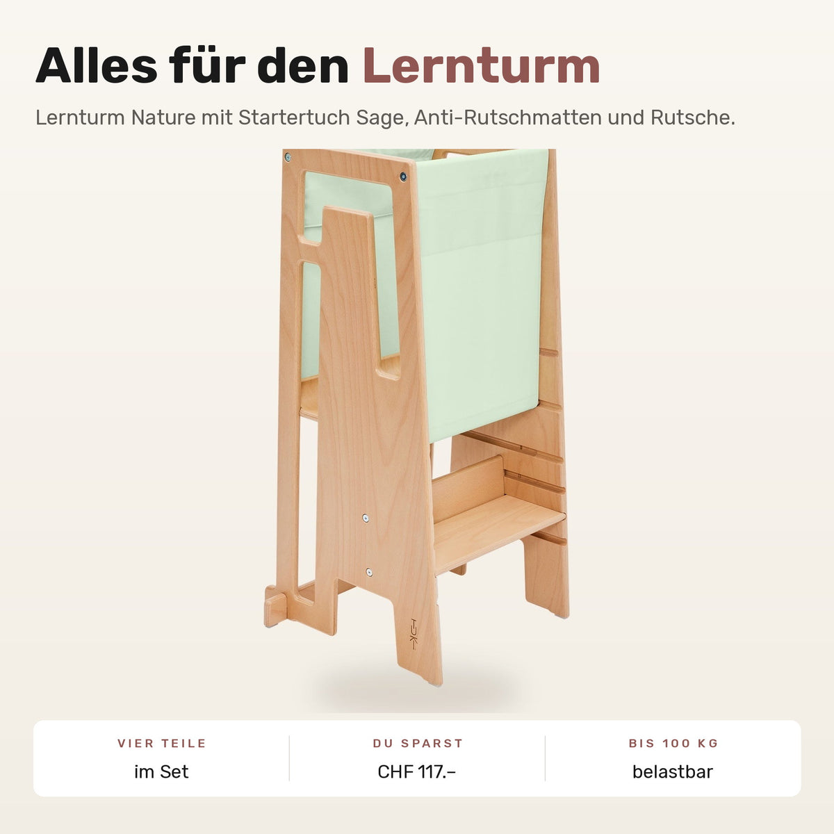 Tuki Komplettset: Lernturm Nature mit Startertuch Sage, Anti-Rutschmatten und Rutsche