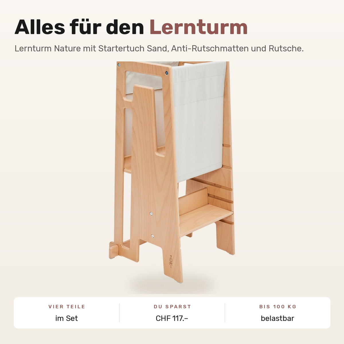 Tuki Komplettset: Lernturm Nature mit Startertuch Sand, Anti-Rutschmatten und Rutsche