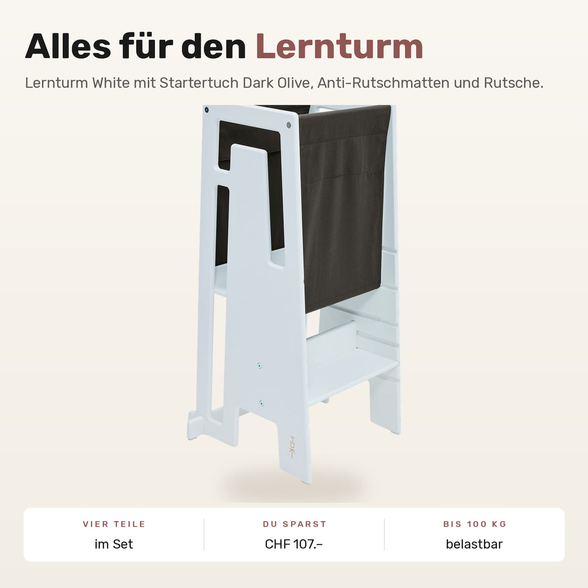 Tuki Komplettset: Lernturm White mit Startertuch Dark Olive, Anti-Rutschmatten und Rutsche