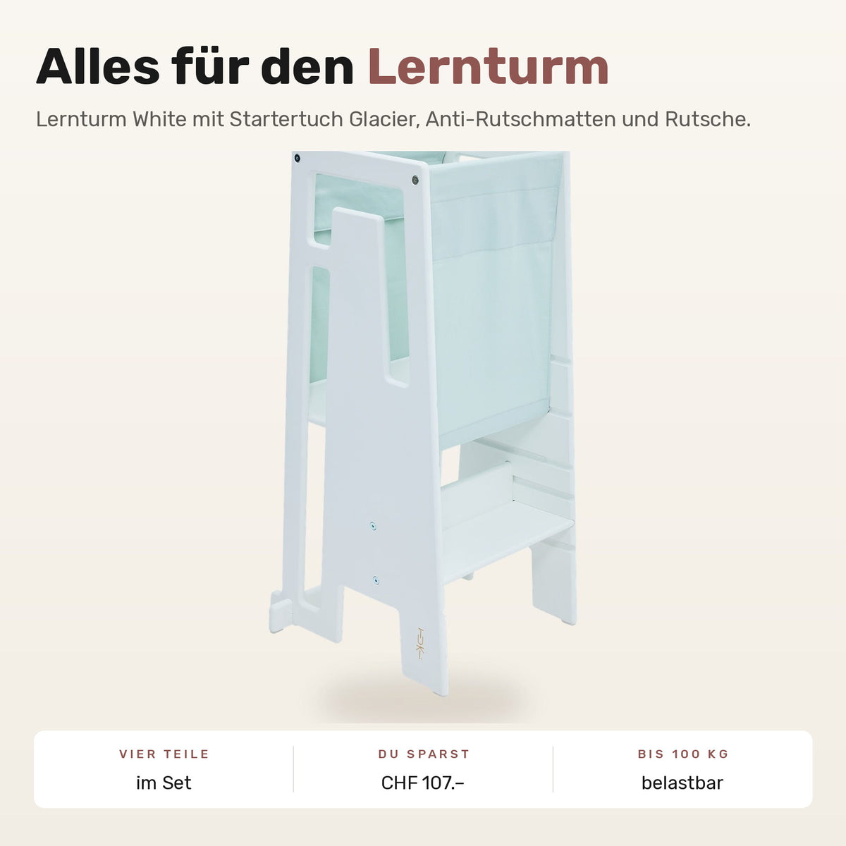 Tuki Komplettset: Lernturm White mit Startertuch Glacier, Anti-Rutschmatten und Rutsche