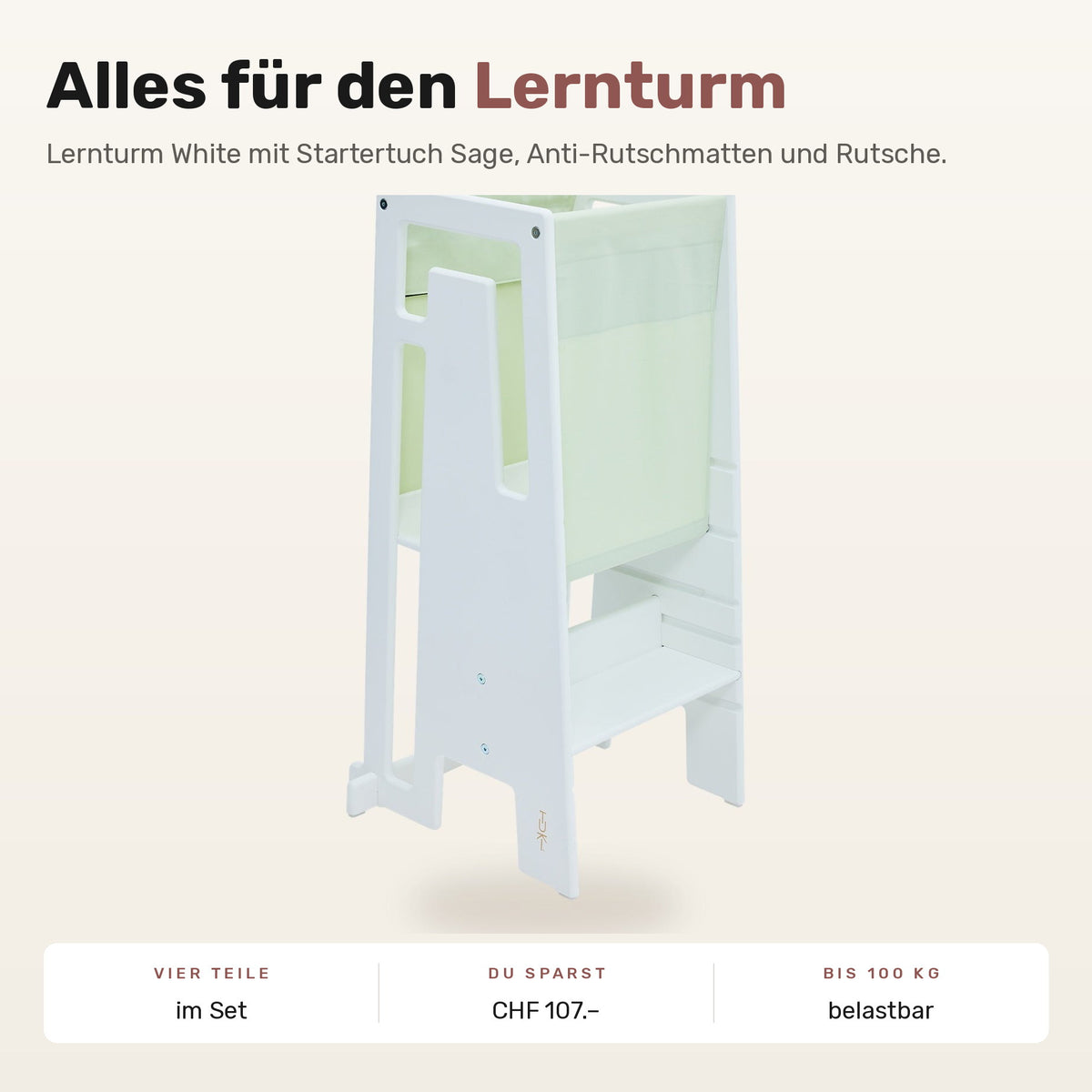 Tuki Komplettset: Lernturm White mit Startertuch Sage, Anti-Rutschmatten und Rutsche