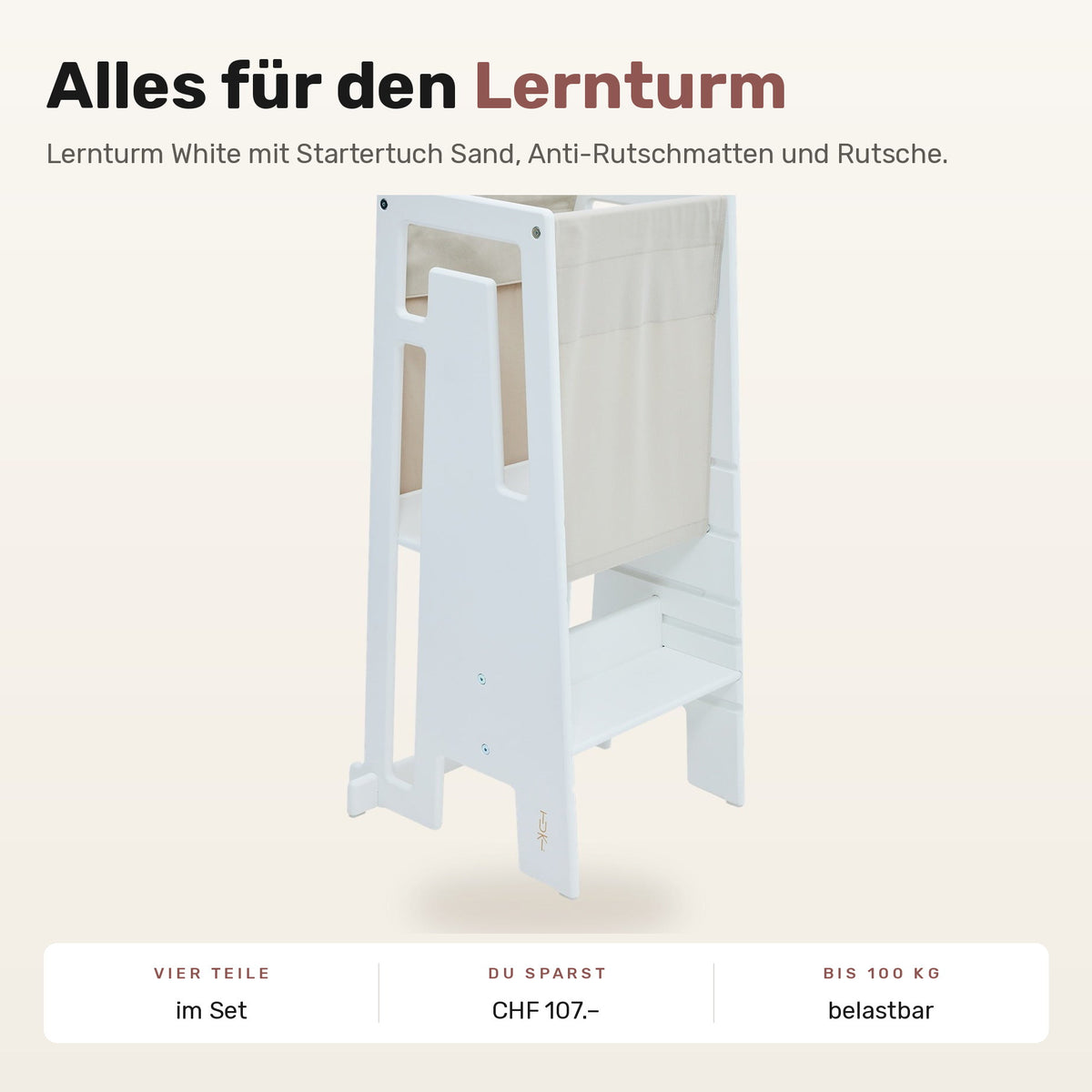 Tuki Komplettset: Lernturm White mit Startertuch Sand, Anti-Rutschmatten und Rutsche