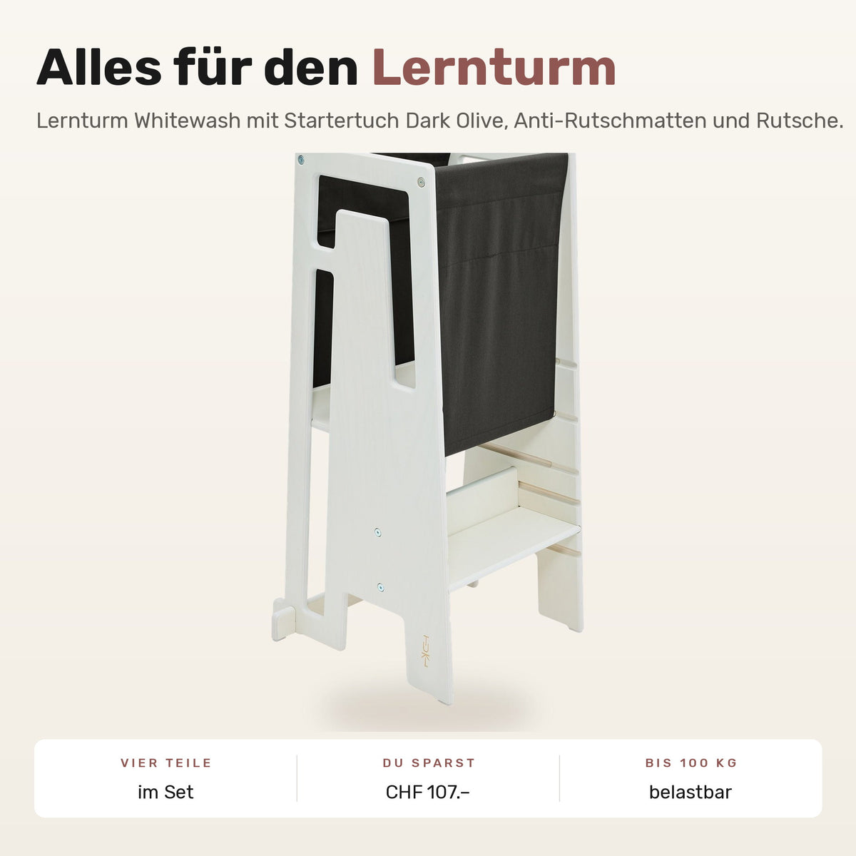 Tuki Komplettset: Lernturm Whitewash mit Startertuch Dark Olive, Anti-Rutschmatten und Rutsche