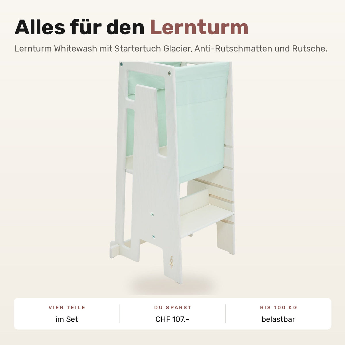Tuki Komplettset: Lernturm Whitewash mit Startertuch Glacier, Anti-Rutschmatten und Rutsche