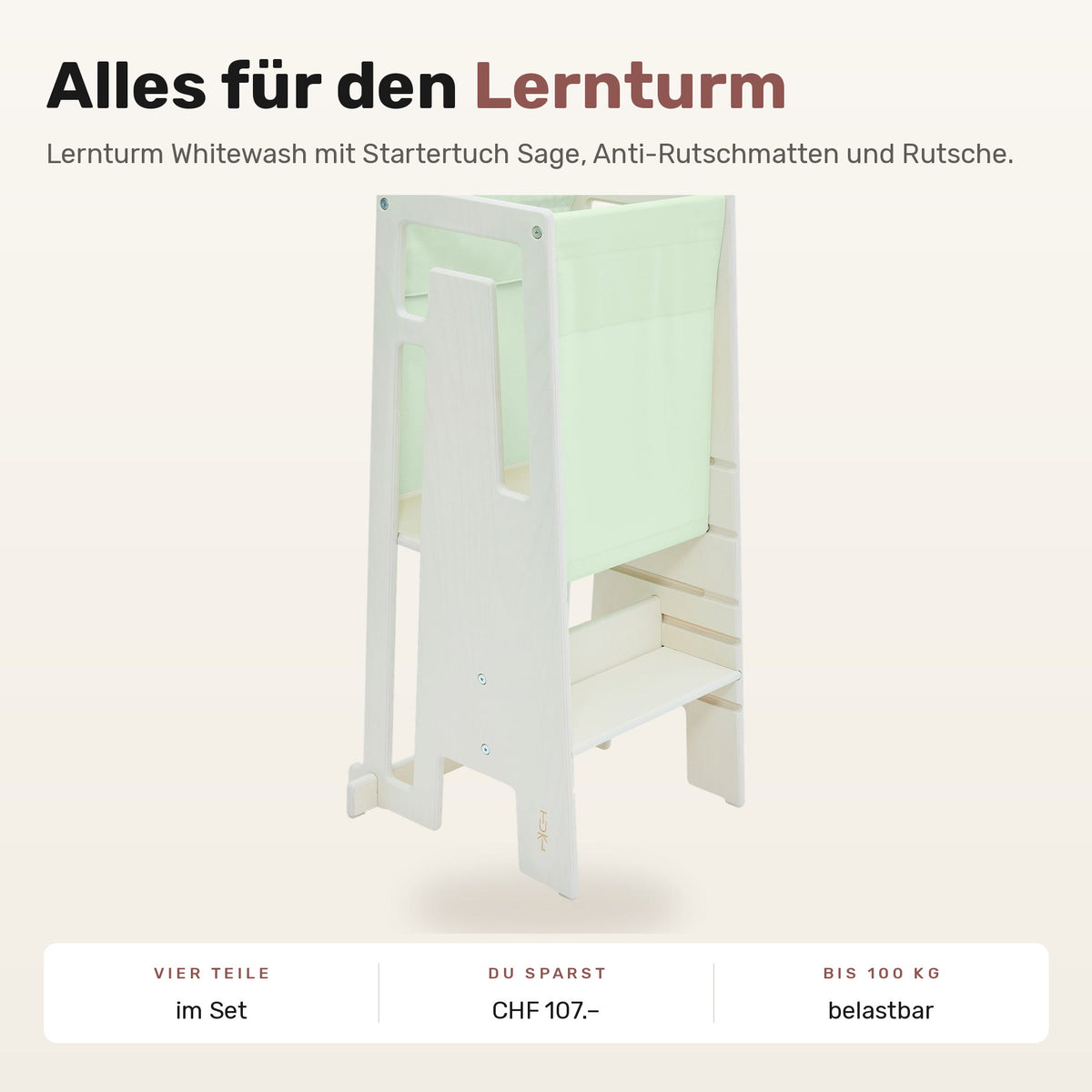 Tuki Komplettset: Lernturm Whitewash mit Startertuch Sage, Anti-Rutschmatten und Rutsche