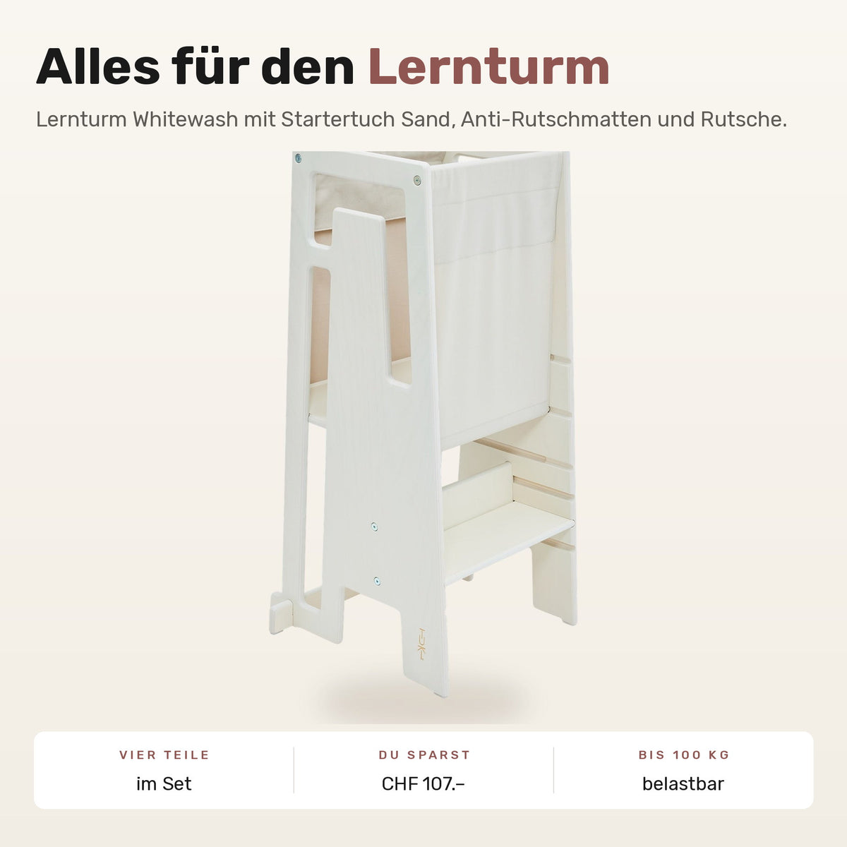 Tuki Komplettset: Lernturm Whitewash mit Startertuch Sand, Anti-Rutschmatten und Rutsche