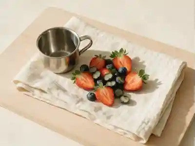 Beeren und Becher auf dem Leinentuch