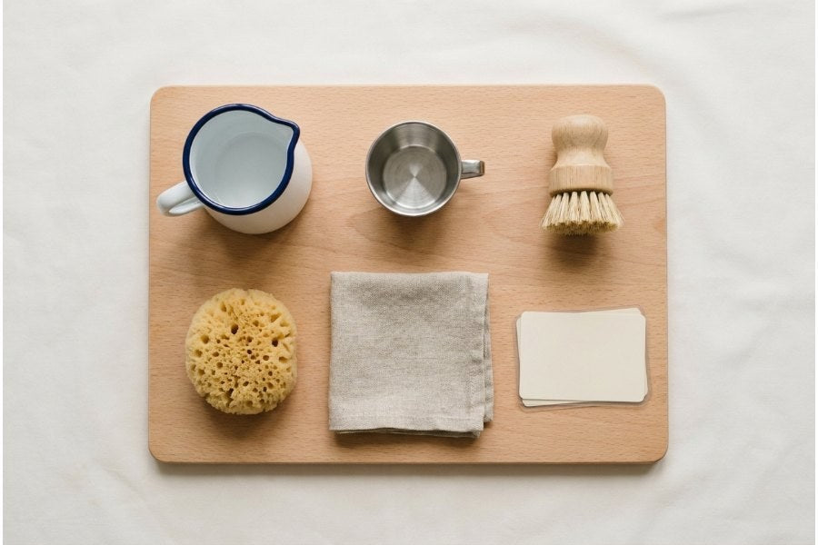 Inhalt Kit A: Krug, Becher, Bürste, Schwamm, Leinentuch, Karten