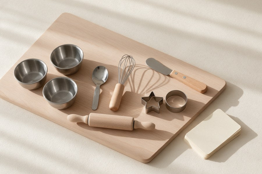 Inhalt Kit B: Brett, drei Schalen, Löffel, Schneebesen, Teigrolle, Ausstecher, Streichmesser