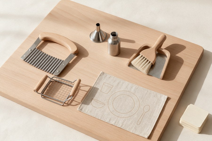 Inhalt Kit C: Wellenschnittmesser, Eierschneider, Trichter, Flasche, Handfeger, Platzset
