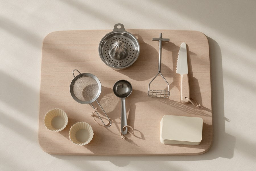 Inhalt Kit D: Zitruspresse, Stampfer, Kindermesser, Sieb, Schöpfkelle, Muffinförmchen