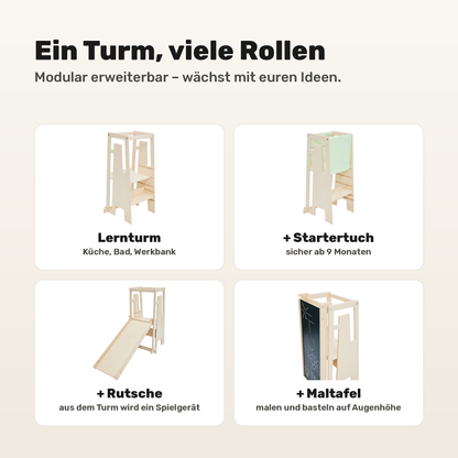 Tuki Lernturm Arctic Birch modular erweiterbar mit Startertuch, Rutsche und Maltafel