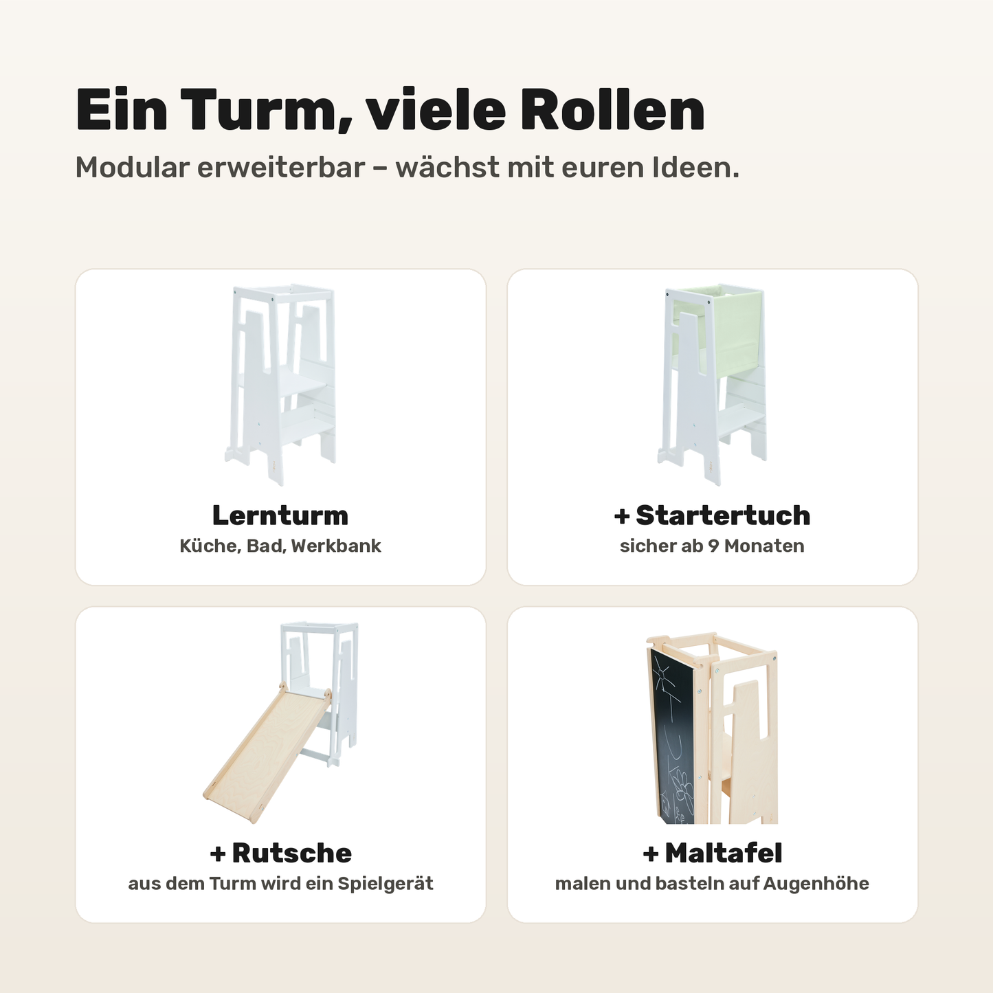 Tuki Lernturm White modular erweiterbar mit Startertuch, Rutsche und Maltafel