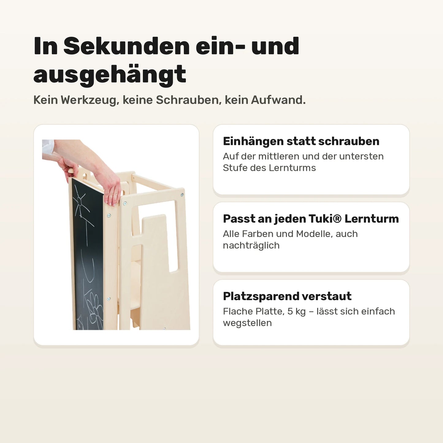 Tuki Rutsche mit Maltafel ohne Werkzeug einhaengen, passt an jeden Tuki Lernturm