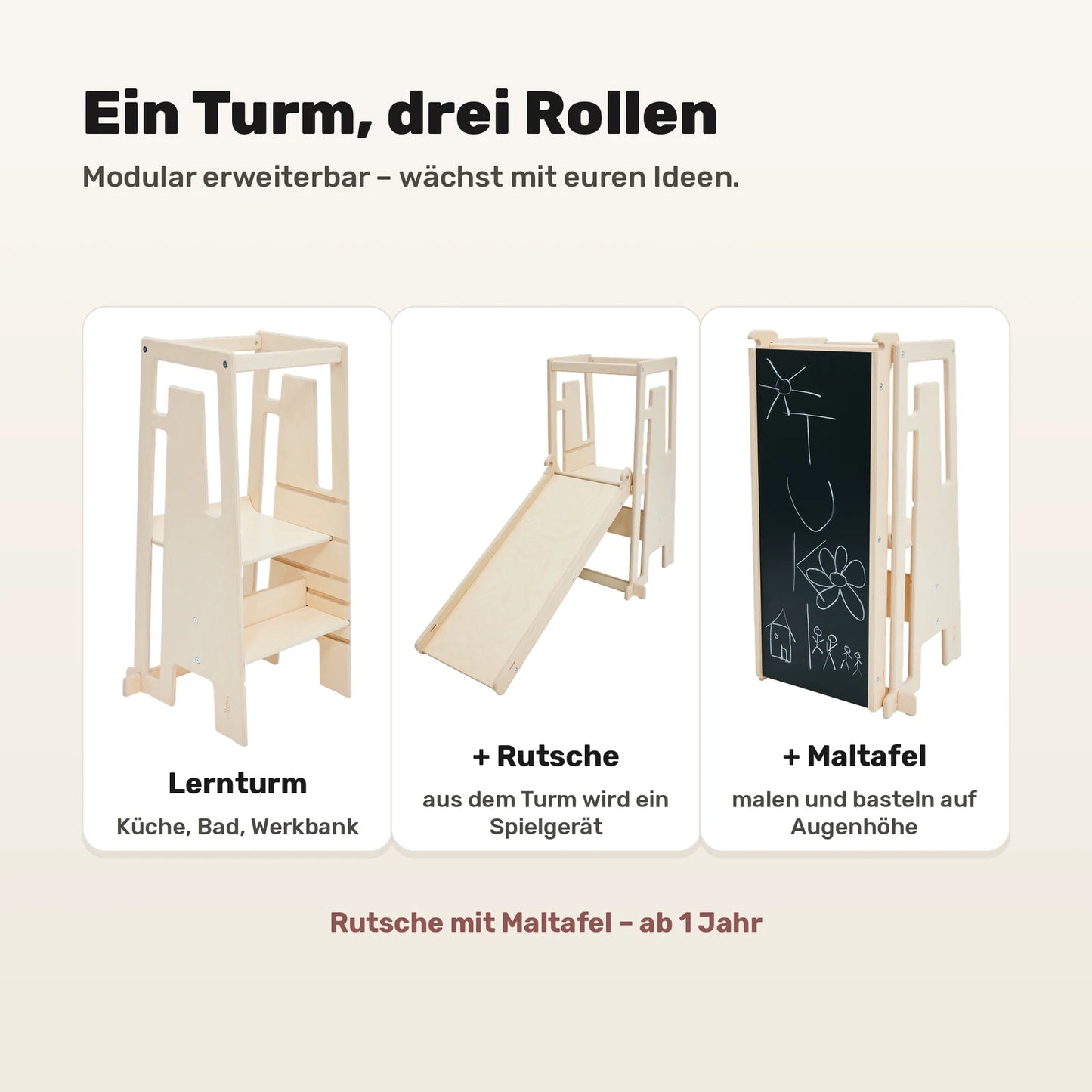Ein Tuki Lernturm, drei Rollen: Lernturm, plus Rutsche, plus Maltafel