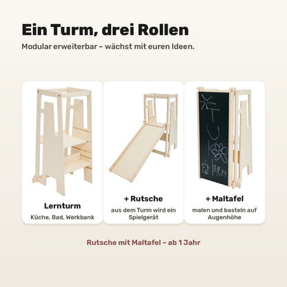 Ein Tuki Lernturm, drei Rollen: Lernturm, plus Rutsche, plus Maltafel
