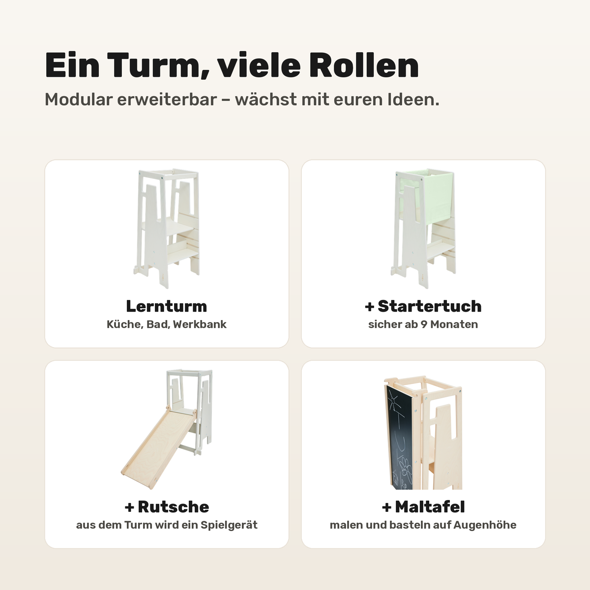 Tuki Lernturm Whitewash modular erweiterbar mit Startertuch, Rutsche und Maltafel