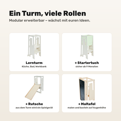 Tuki Lernturm Whitewash modular erweiterbar mit Startertuch, Rutsche und Maltafel