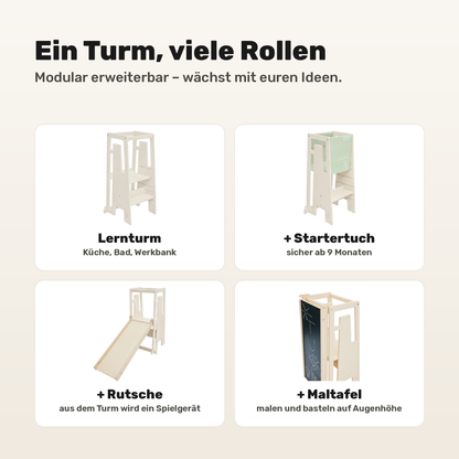 Tuki Lernturm Vanilla White modular erweiterbar mit Startertuch, Rutsche und Maltafel