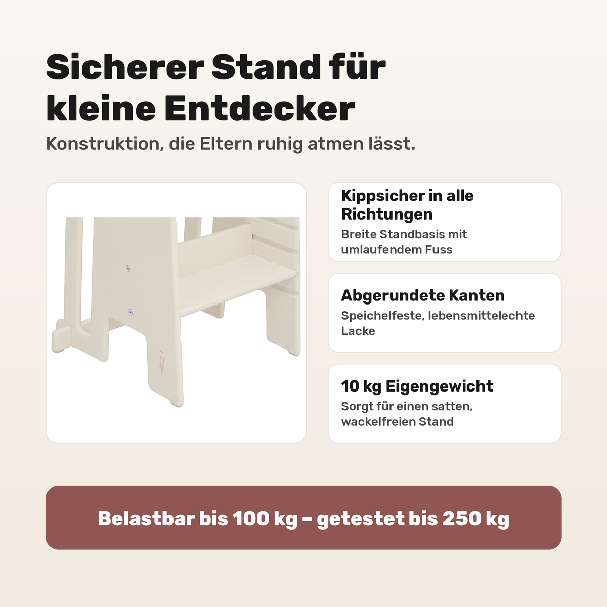 Tuki Lernturm Vanilla White: kippsichere Standbasis, abgerundete Kanten, belastbar bis 100 kg