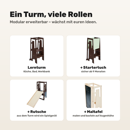 Tuki Lernturm Espresso modular erweiterbar mit Startertuch, Rutsche und Maltafel