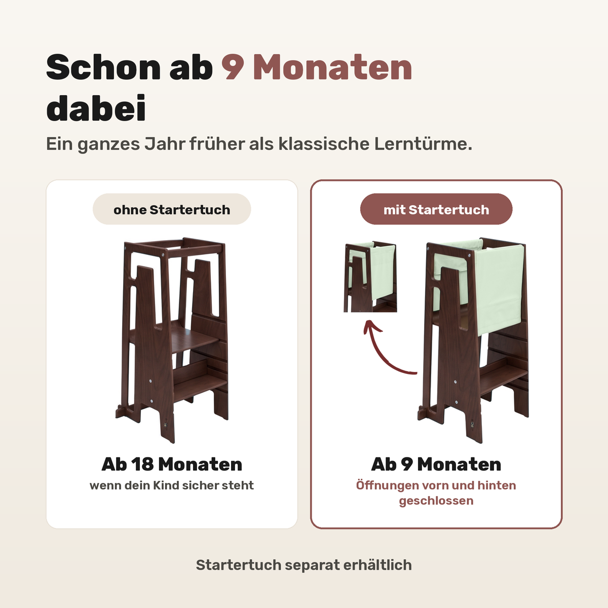 Tuki Lernturm Espresso mit und ohne Startertuch: nutzbar ab 9 statt erst ab 18 Monaten
