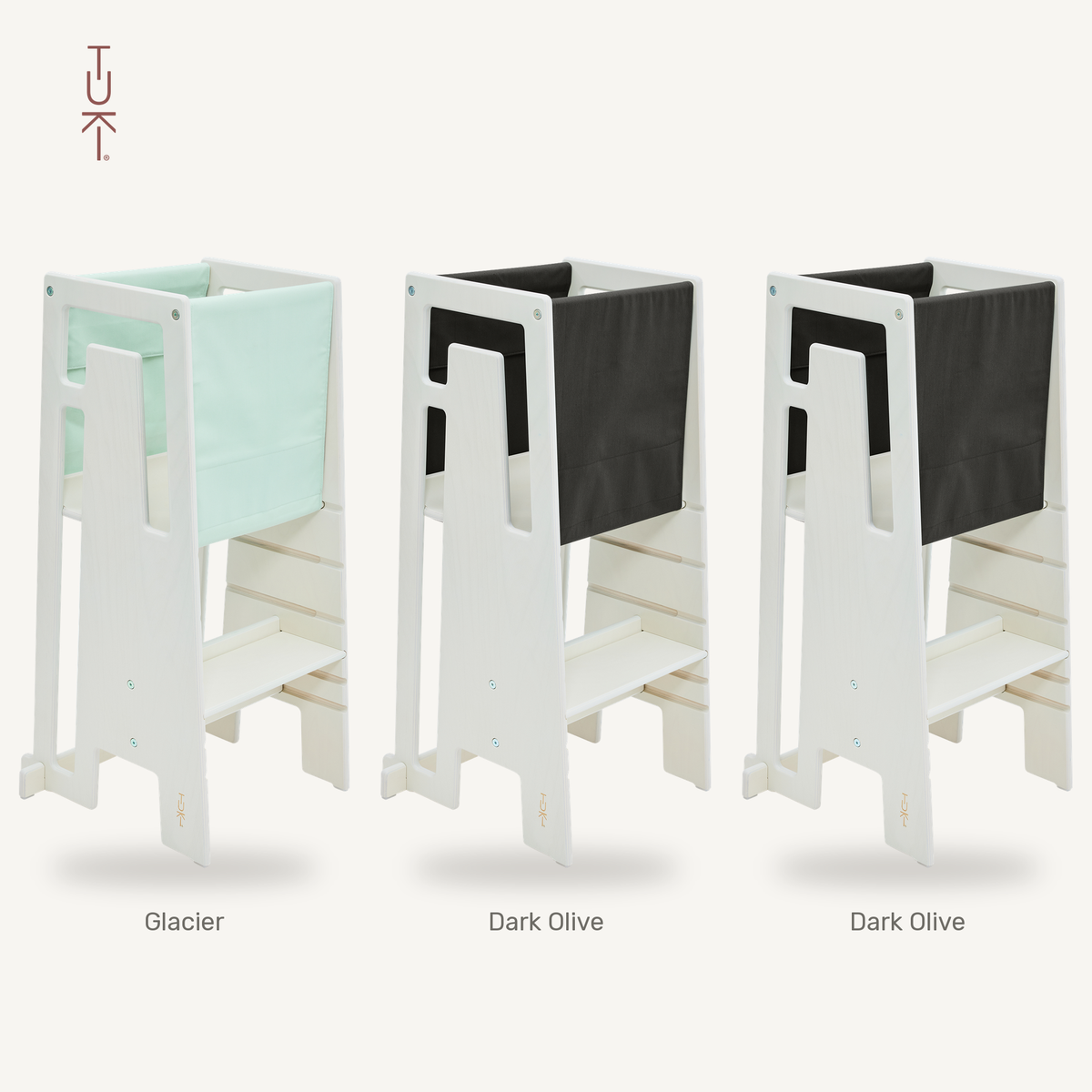 Tuki Startertuch Trio: Glacier, Dark Olive und Dark Olive am Lernturm