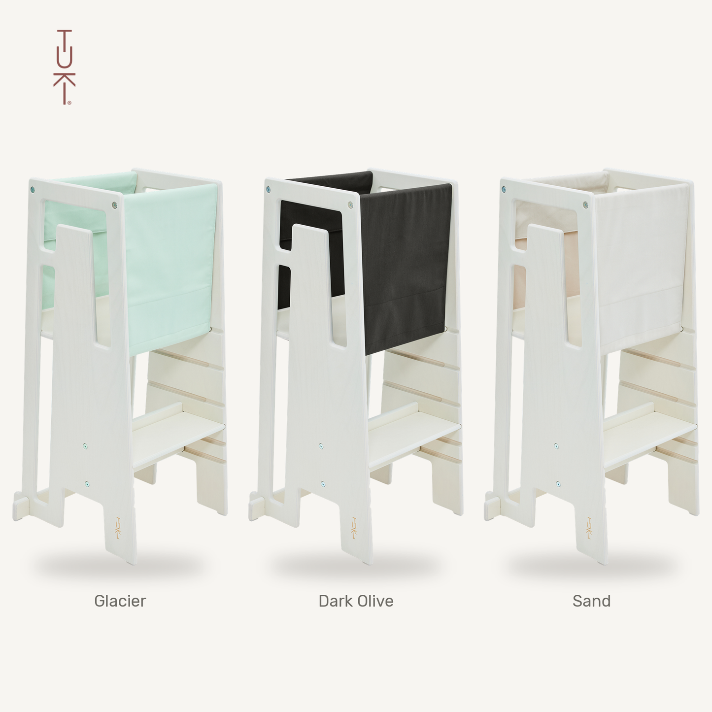 Tuki Startertuch Trio: Glacier, Dark Olive und Sand am Lernturm