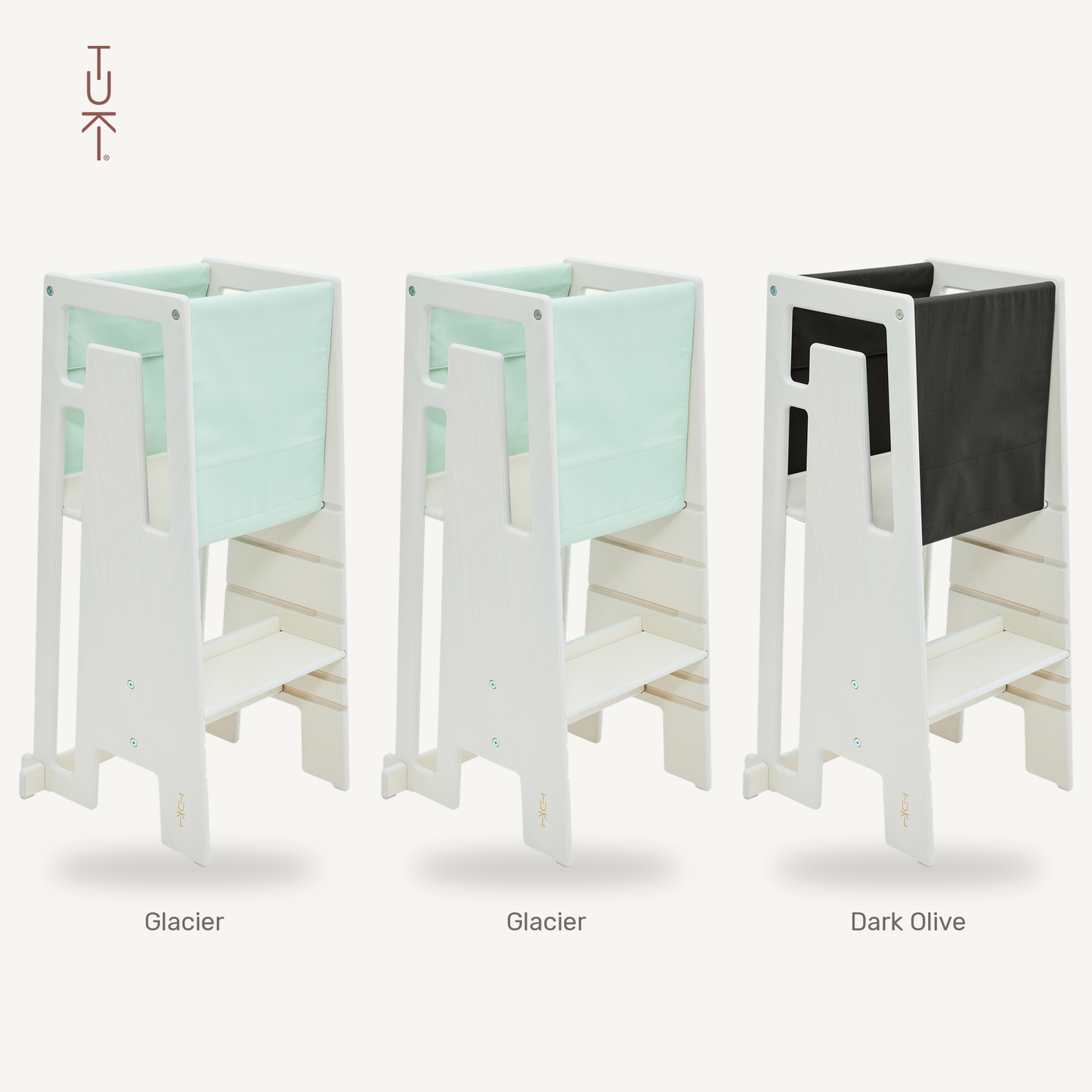 Tuki Startertuch Trio: Glacier, Glacier und Dark Olive am Lernturm