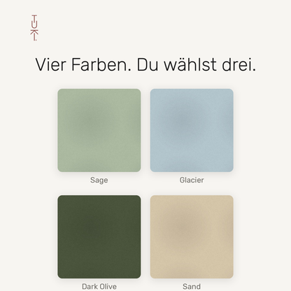 Die vier Tuchfarben Sage, Glacier, Dark Olive und Sand zur Auswahl