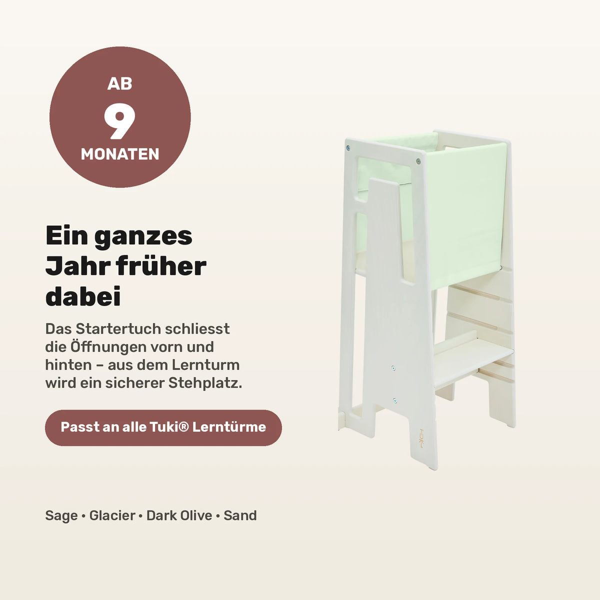 Tuki Startertuch am Lernturm: schliesst die Oeffnungen vorn und hinten, nutzbar ab 9 Monaten
