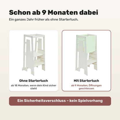 Lernturm mit und ohne Tuki Startertuch: nutzbar ab 9 statt erst ab 18 Monaten