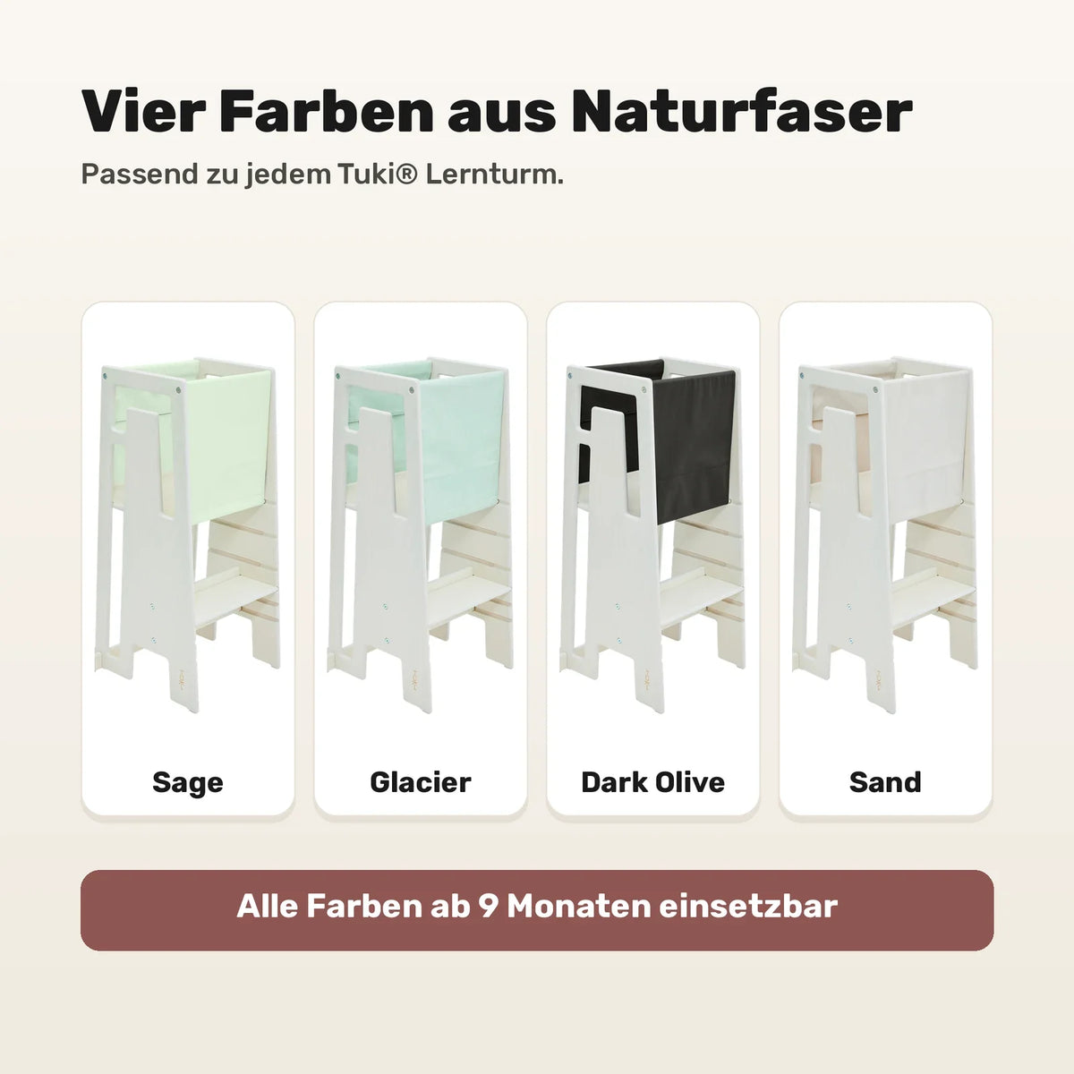 Tuki Startertuch in vier Farben: Sage, Glacier, Dark Olive und Sand