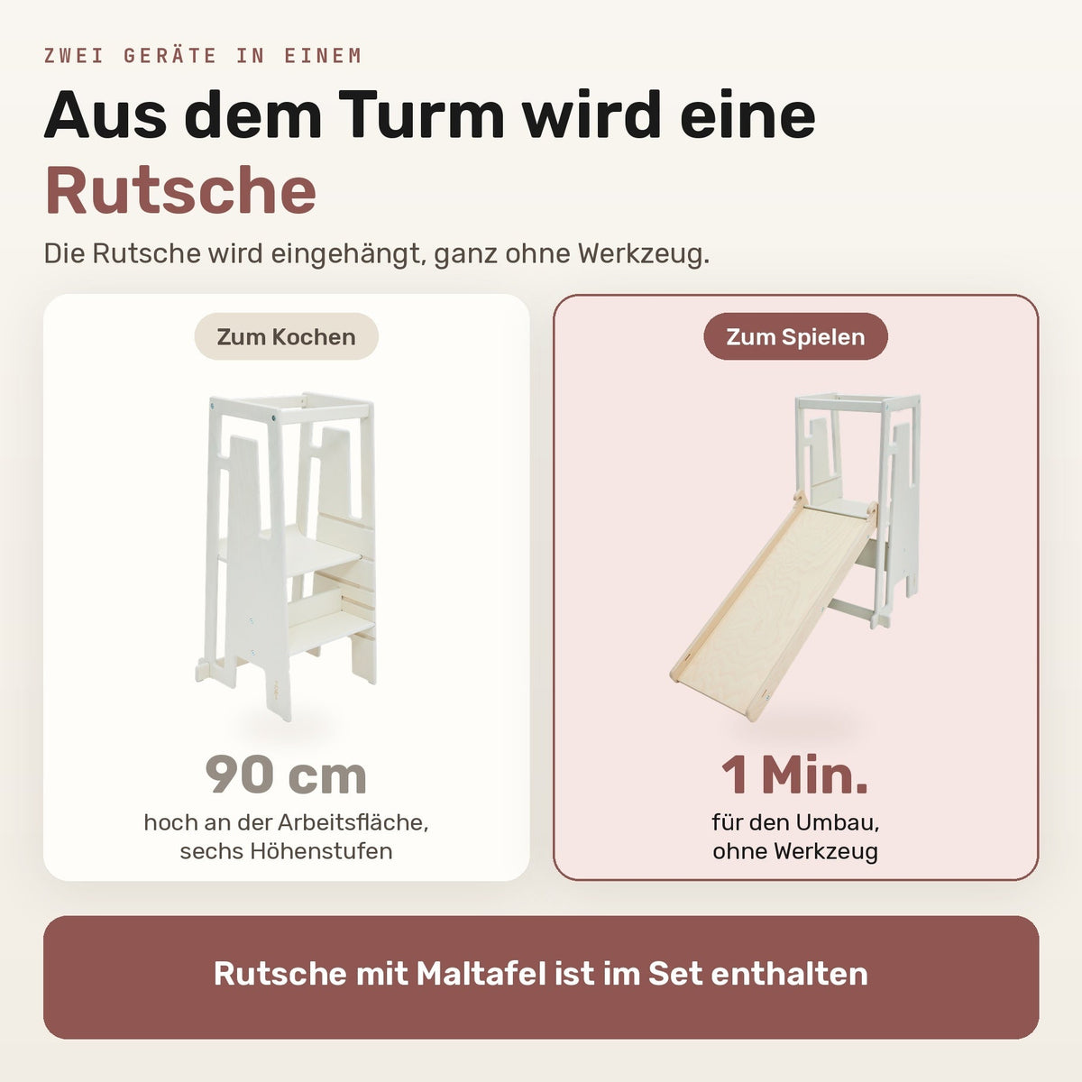 Aus dem Tuki Lernturm wird in einer Minute eine Rutsche, ohne Werkzeug