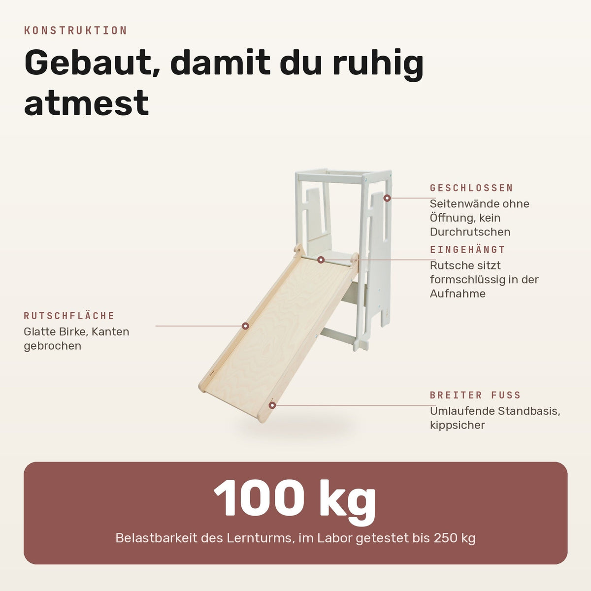 Tuki Konstruktion: Rutsche formschluessig eingehaengt, breiter Fuss, belastbar bis 100 kg