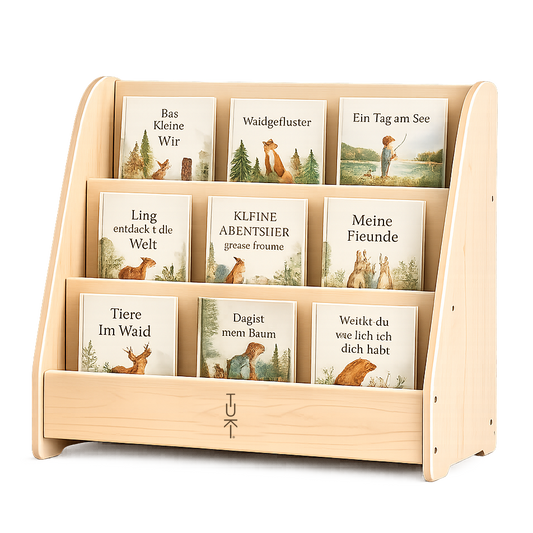 Tuki Montessori Bibliothek – Frontales Bücherregal aus Birkenholz mit drei Reihen auf Kinderhöhe