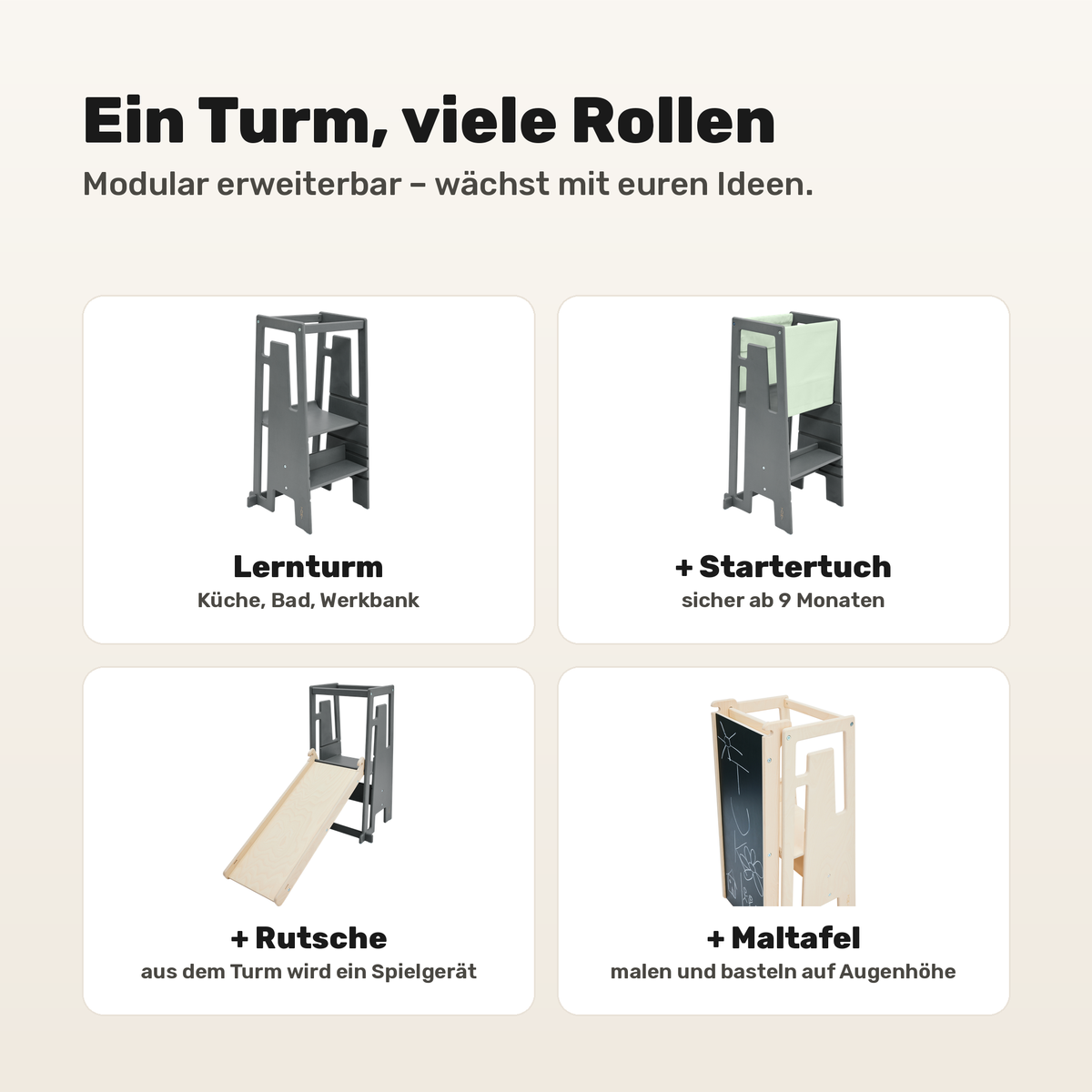 Tuki Lernturm Greywash modular erweiterbar mit Startertuch, Rutsche und Maltafel